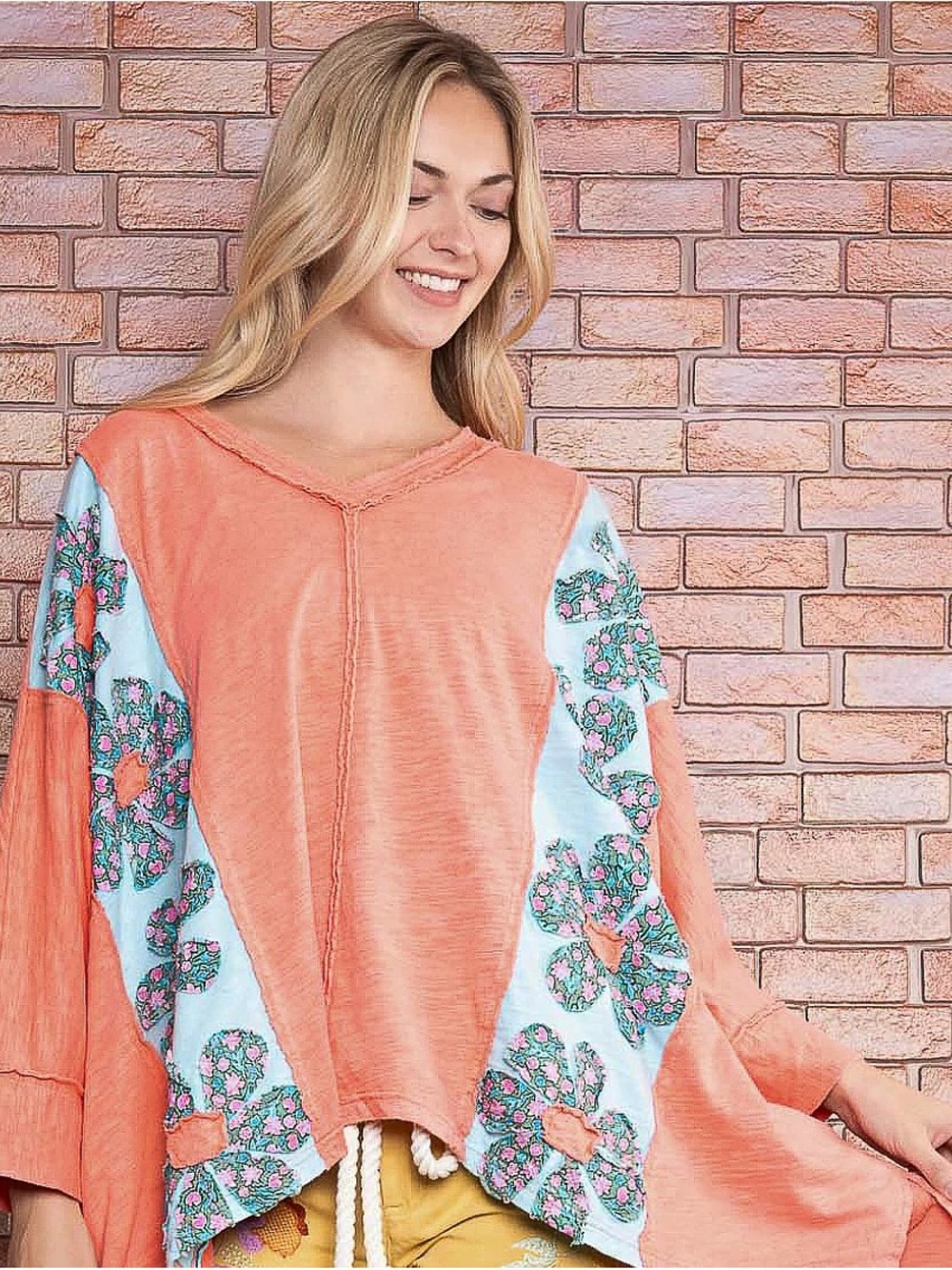 Coral Floral-Panel V-Neck Tunic Top